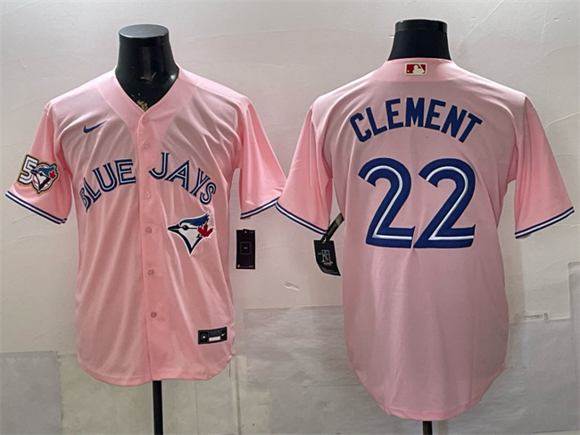Men's Pink Toronto Blue Jays #22 Ernie Clement 50 Seasons Patch Stitched Baseball Jersey
